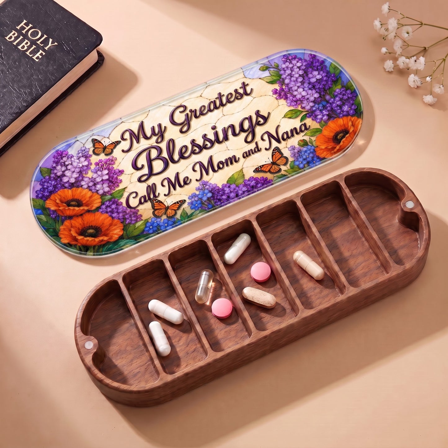 My Greatest Blessings Call Me Mom and Nana Pillcase with Holy Bible and daily tablets