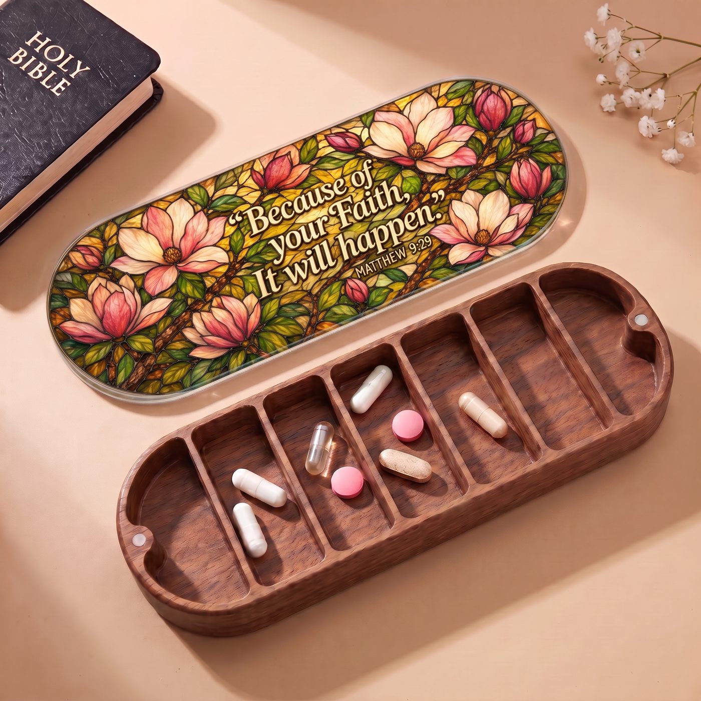 "Because of Your Faith, It Will Happen — Matthew 9:29" Pill Case — open Pill Case with Holy Bible, flowers, and assorted pills