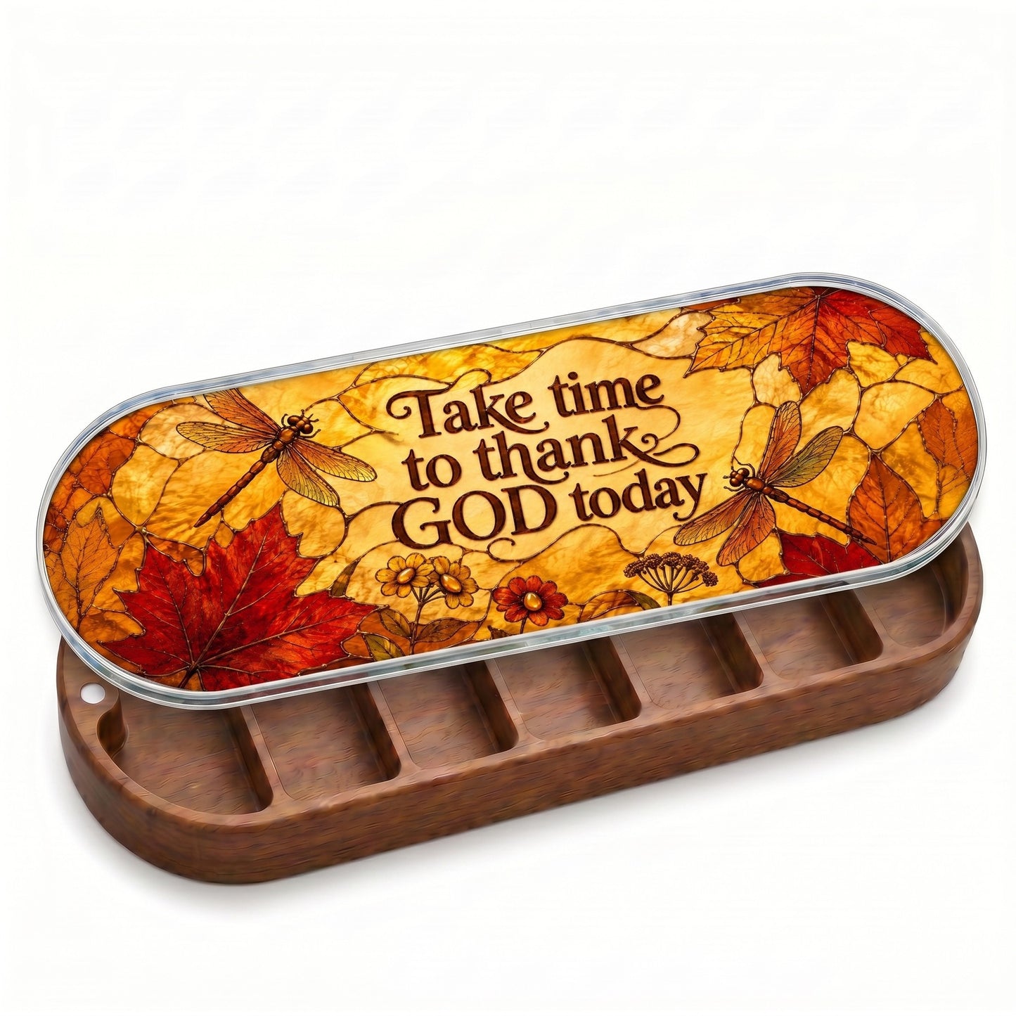 Open wooden Pillcase with Take Time to Thank God Today autumn stained-glass lid on white