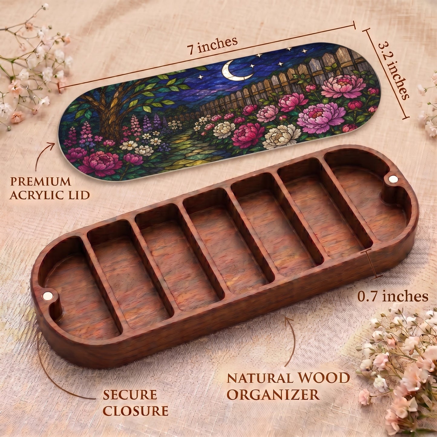 Moonlit Garden Pillcase dimensions with crescent-moon floral acrylic lid, secure closure and natural wood organizer