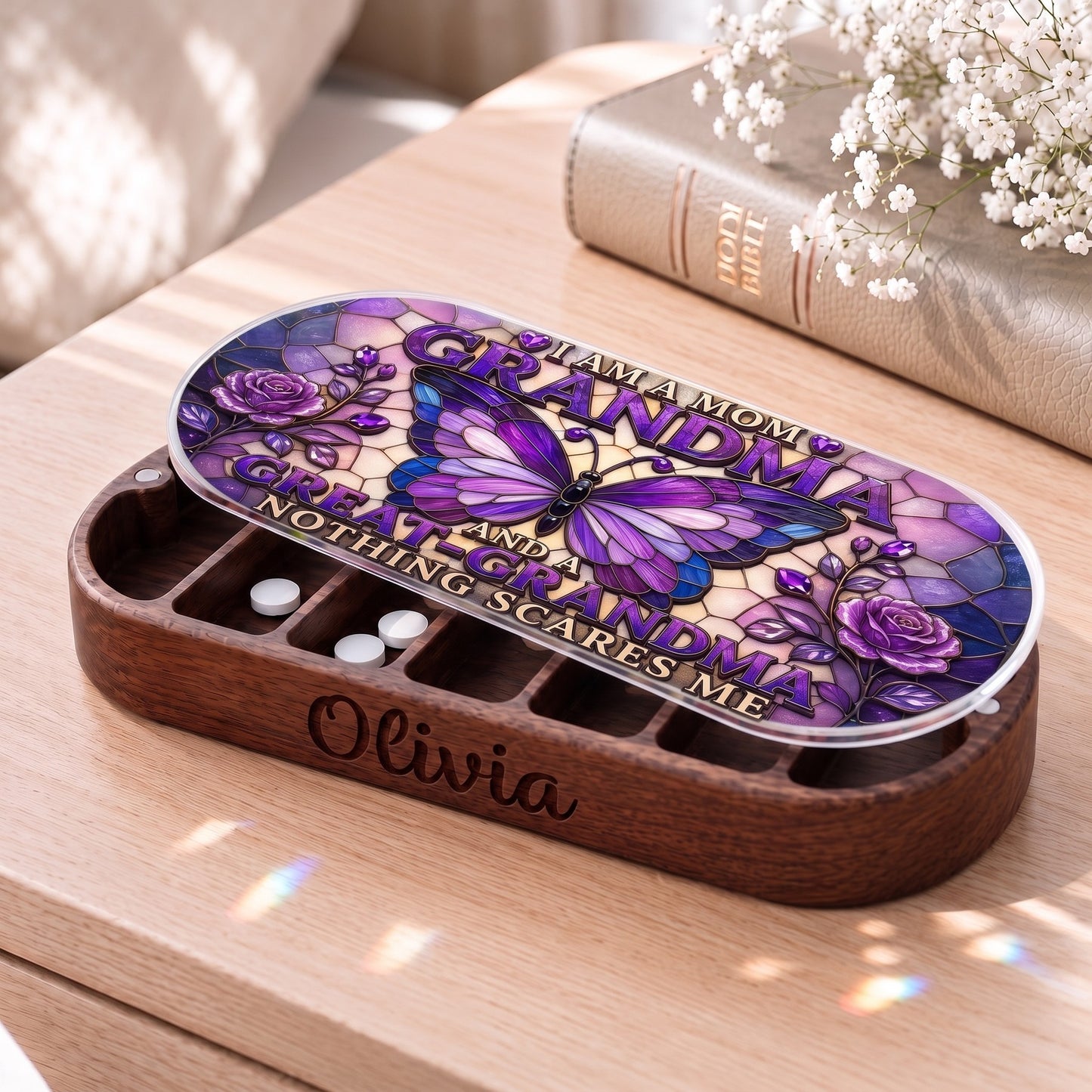 Personalized Olivia Pillcase with purple butterfly roses artwork beside a Holy Bible