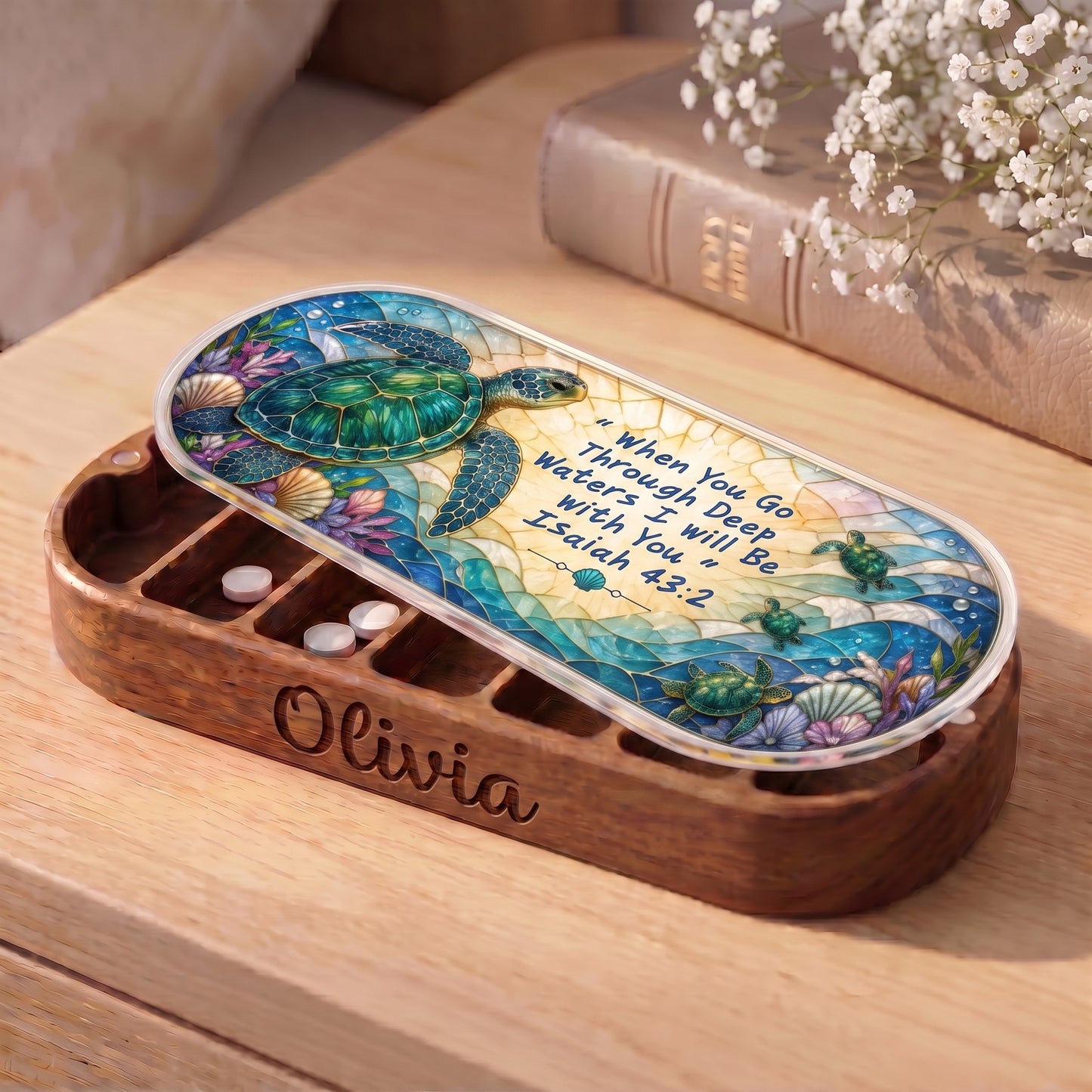 Personalized wooden Pillcase with Isaiah 43:2 sea turtle artwork on bedside table
