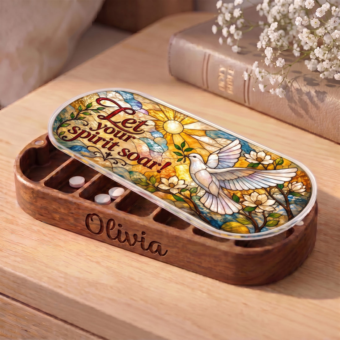 Personalized Olivia Pillcase with white dove, golden sun, magnolia flowers and Let Your Spirit Soar lid