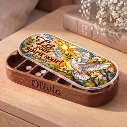 Personalized Olivia Pillcase with white dove, golden sun, magnolia flowers and Let Your Spirit Soar lid