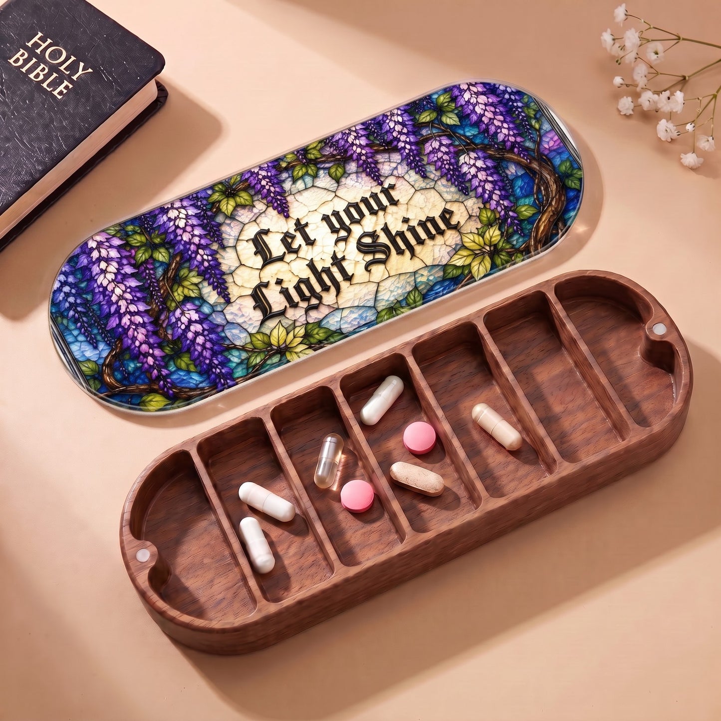 Let Your Light Shine wisteria Pillcase with Holy Bible and daily tablets