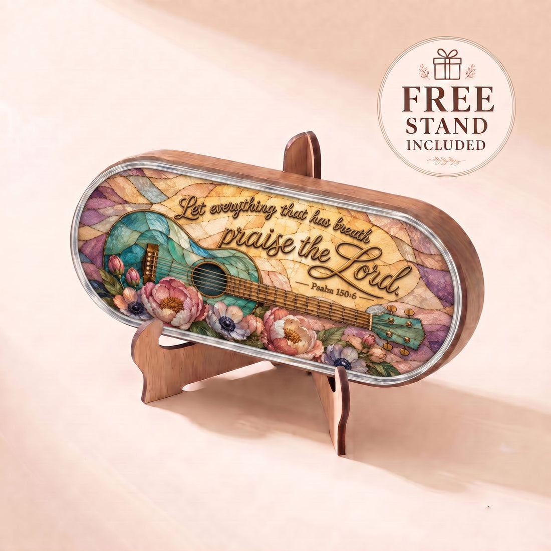 "Let Everything That Has Breath Praise the Lord — Psalm 150:6" Pill Case — scripture plaque with turquoise guitar displayed on included wooden stand