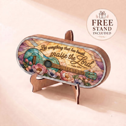 "Let Everything That Has Breath Praise the Lord — Psalm 150:6" Pill Case — scripture plaque with turquoise guitar displayed on included wooden stand