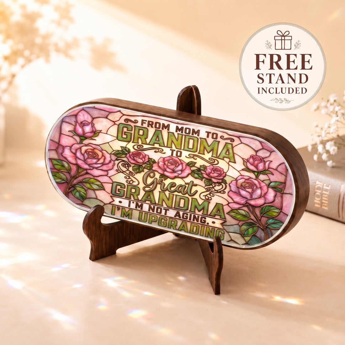 From Mom to Grandma to Great Grandma rose-garden Pillcase displayed on included wooden stand
