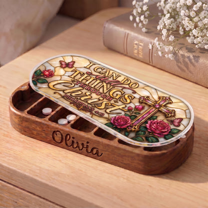 Personalized Olivia Pillcase with Philippians 4:13 artwork, pink roses, butterflies and ornate cross
