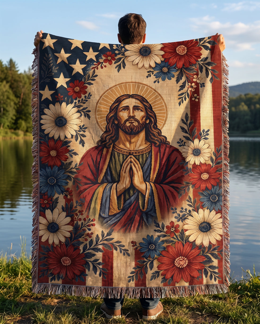 Lakeside outdoor lifestyle - Faith and Freedom Praying Jesus Floral Woven Blanket