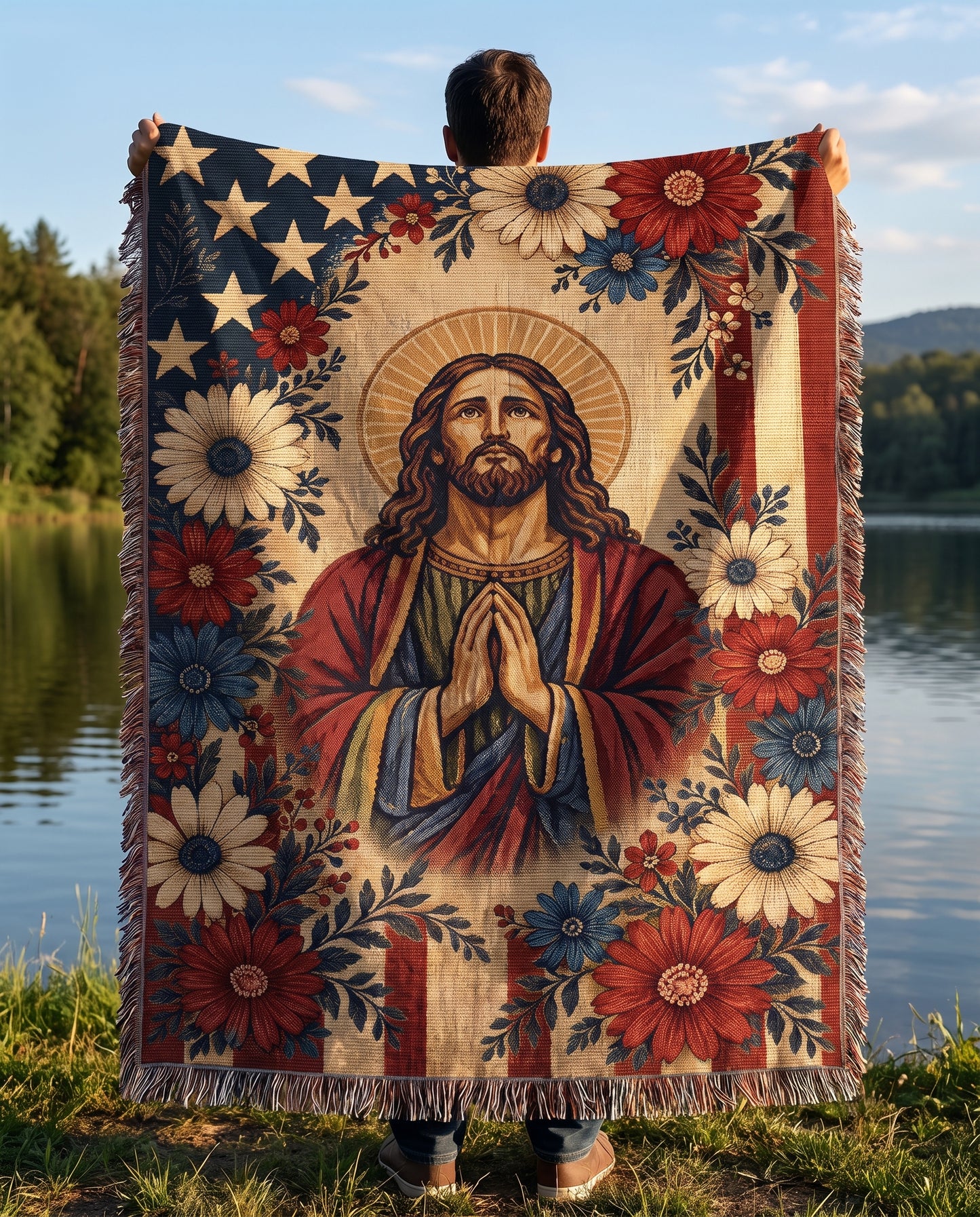 Lakeside outdoor lifestyle - Faith and Freedom Praying Jesus Floral Woven Blanket