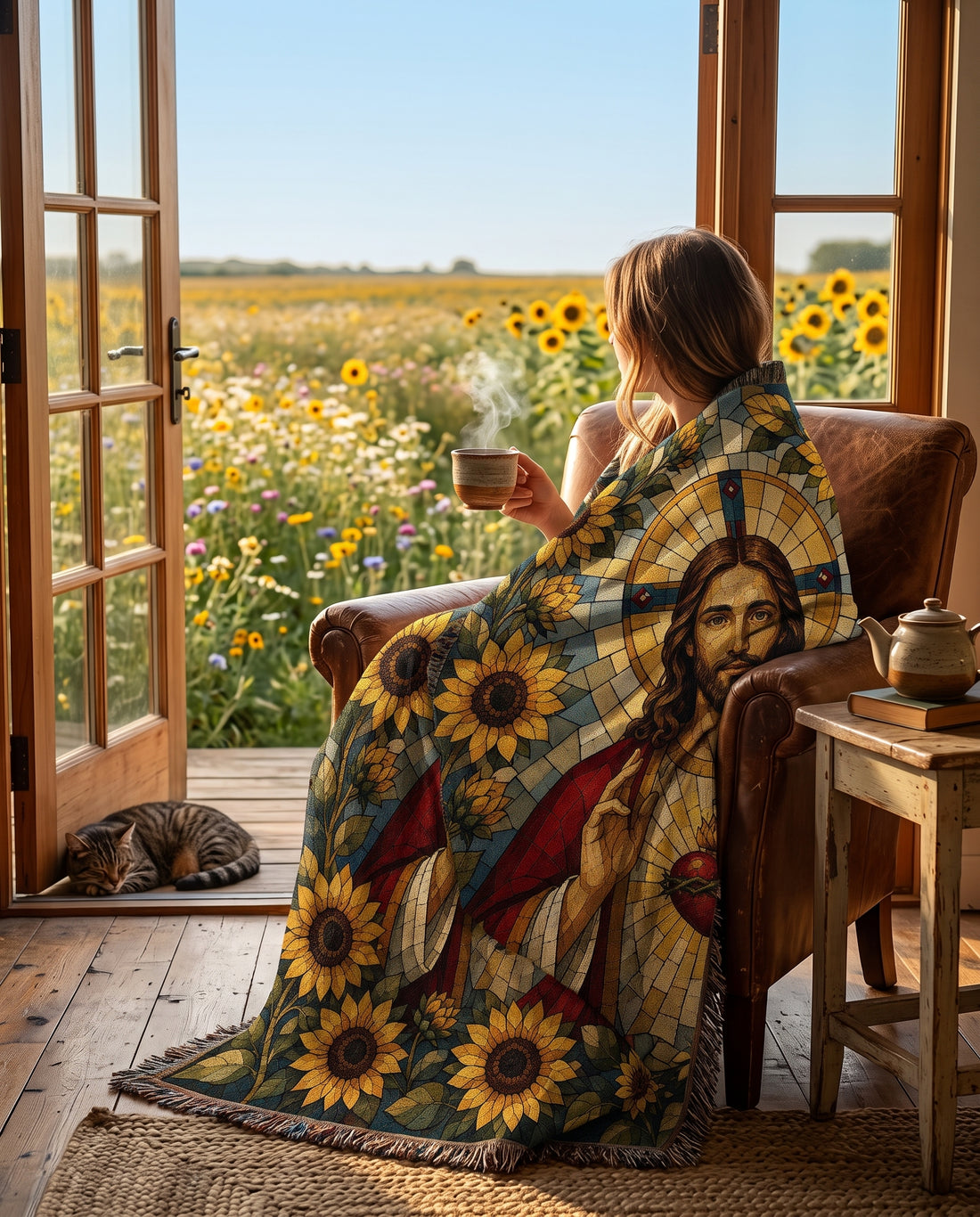 Sacred Heart of Jesus - Sunflower Mosaic Woven Blanket
