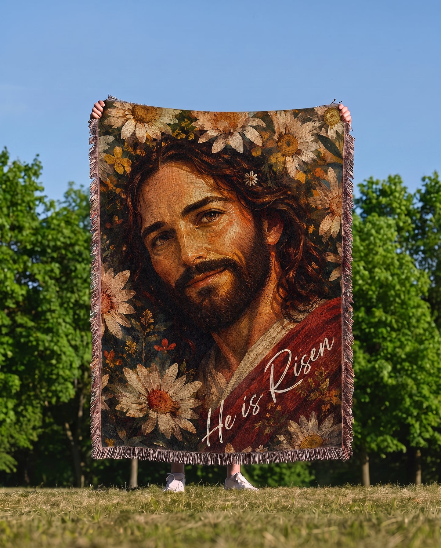 He Is Risen Floral Jesus Woven Blanket gallery image 1