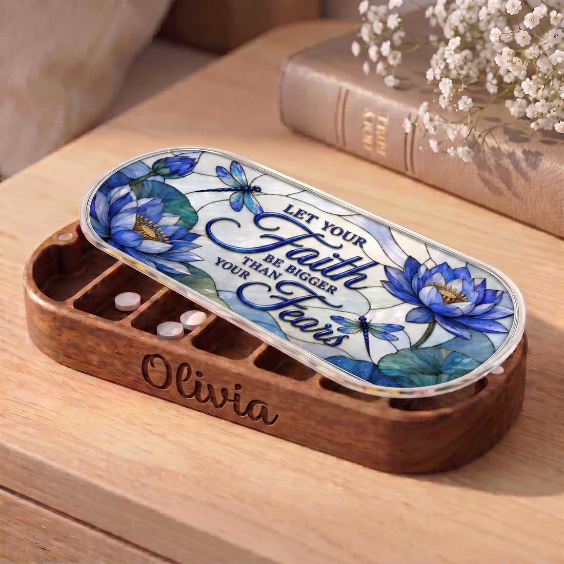 "Let Your Faith Be Bigger Than Your Fears — Blue Lotus & Dragonfly Stained Glass" Pill Case personalized lifestyle view