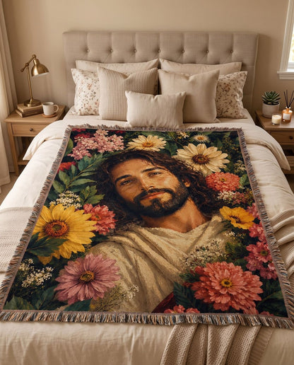 Jesus in the Garden of Grace Floral Woven Blanket