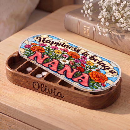 Personalized Olivia Pillcase with colorful flower garden and Happiness Is Being a Nana lid