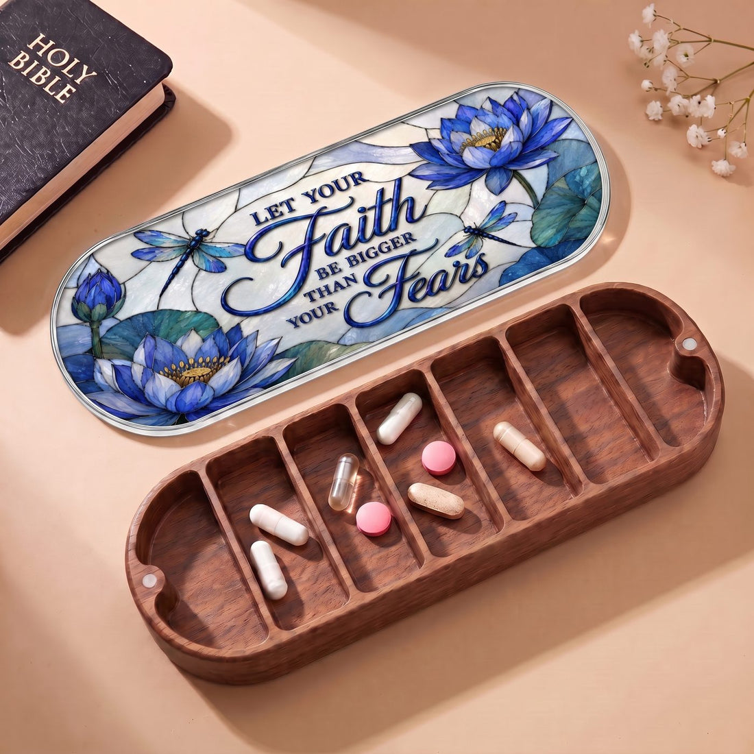 "Let Your Faith Be Bigger Than Your Fears — Blue Lotus & Dragonfly Stained Glass" Pill Case clean product view
