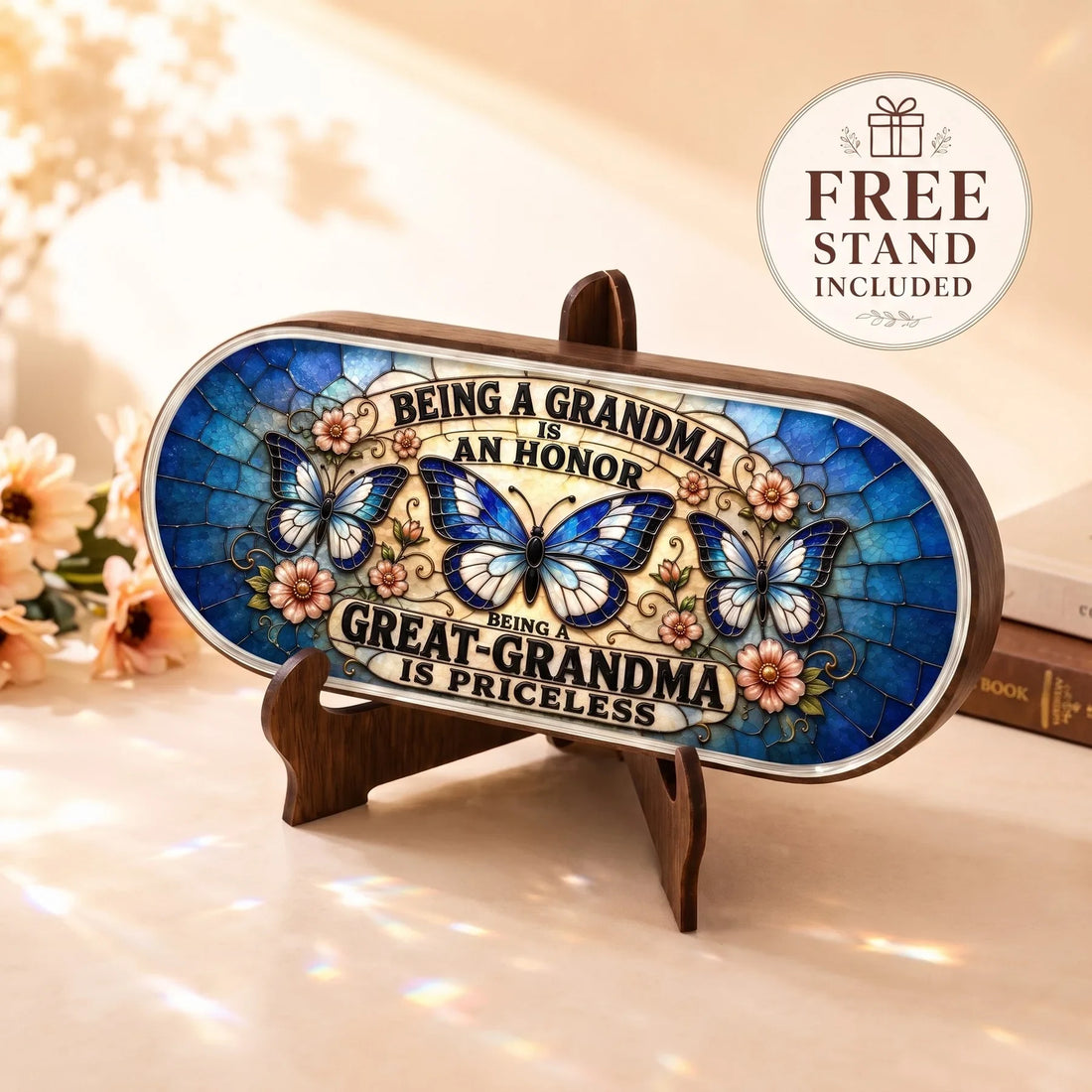 Being a Grandma Is an Honor blue butterfly Pillcase displayed on included wooden stand