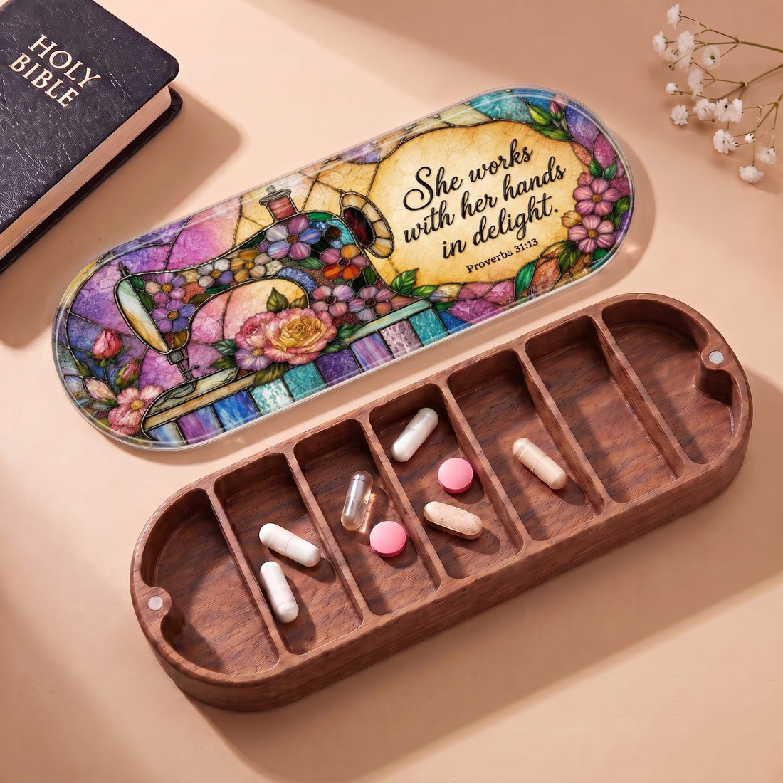 She Works with Her Hands in Delight Pillcase with Holy Bible, sewing floral lid and daily tablets