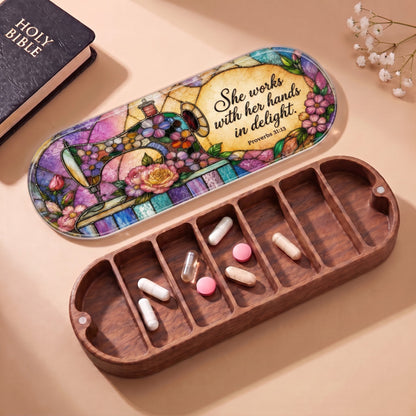 She Works with Her Hands in Delight Pillcase with Holy Bible, sewing floral lid and daily tablets