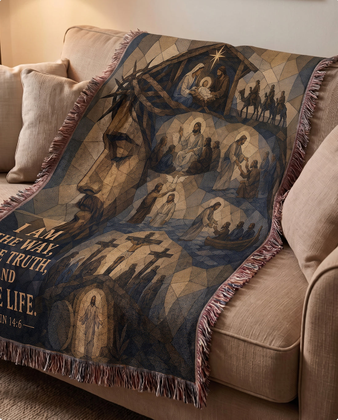 John 14:6 I Am the Way woven blanket draped over sofa