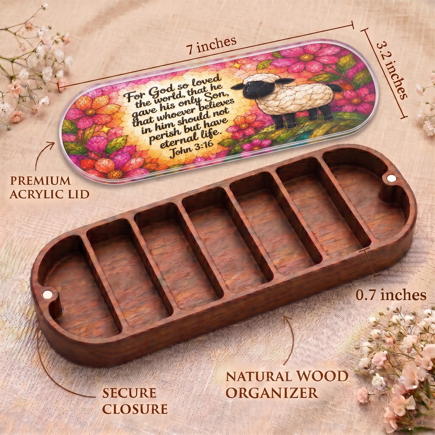 John 3:16 floral sheep Pillcase dimensions, acrylic lid, secure closure and natural wood organizer