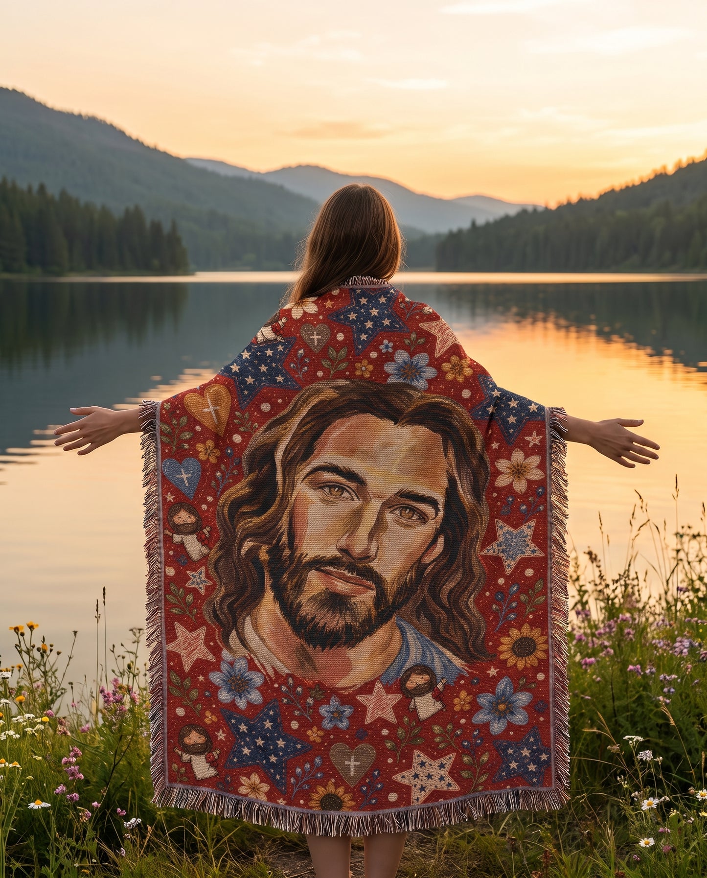 Lakeside golden hour lifestyle - Folk Art Savior Hearts and Stars Woven Blanket