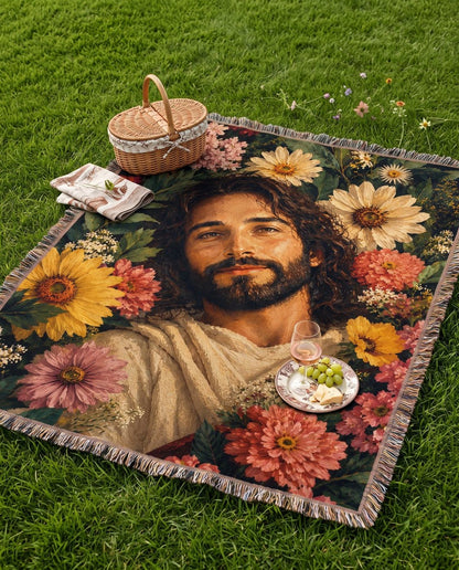 Jesus in the Garden of Grace Floral Woven Blanket