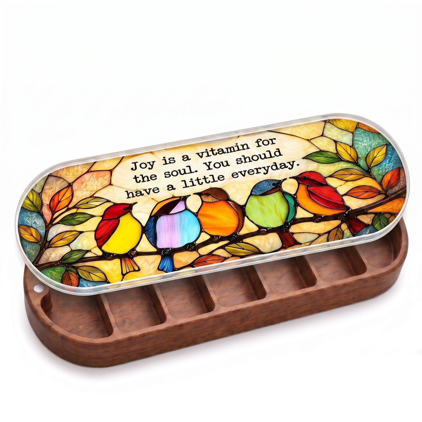 Open wooden Joy Is a Vitamin for the Soul Pillcase with five colorful stained-glass songbirds on white