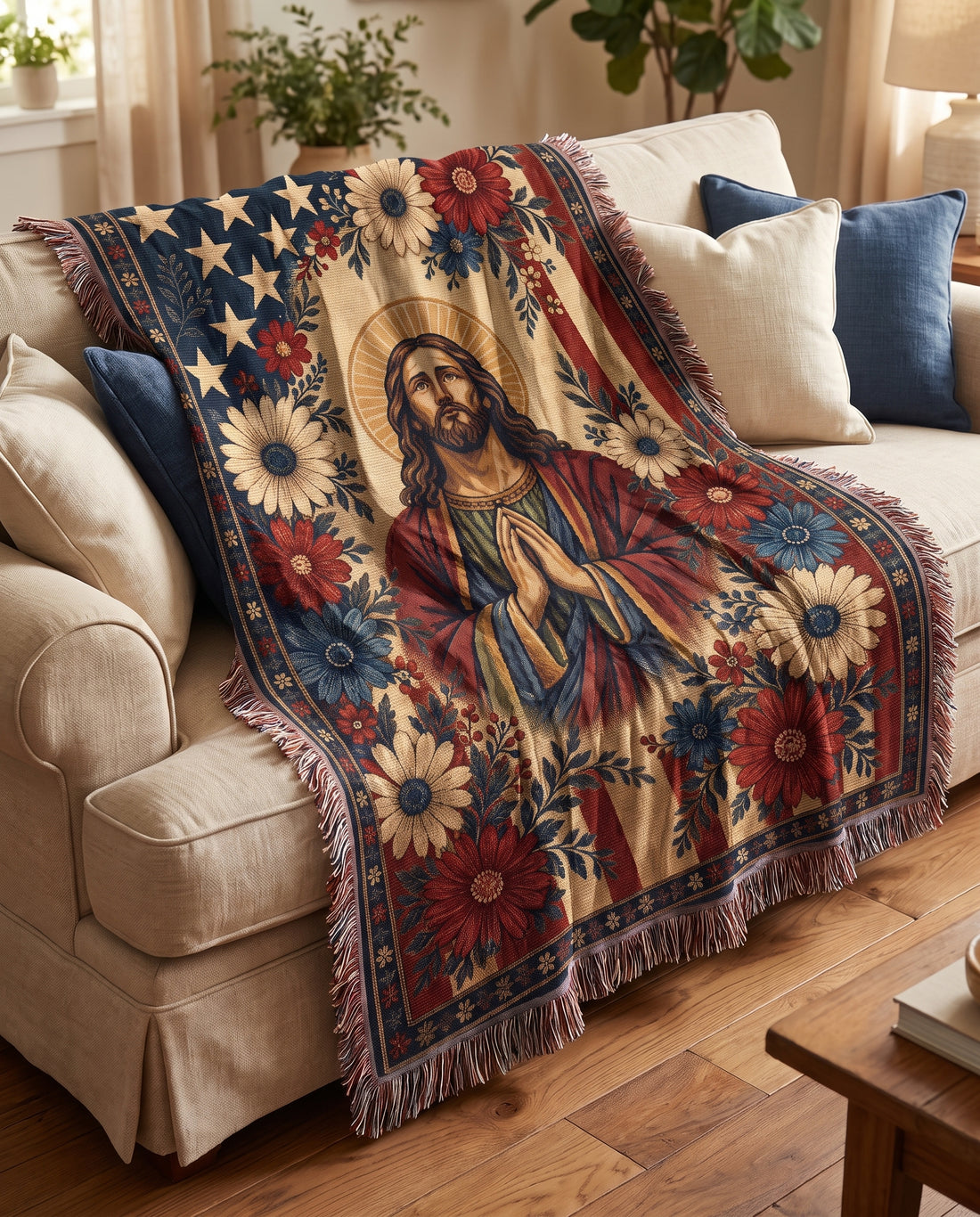 Sofa styling - Faith and Freedom Praying Jesus Floral Woven Blanket