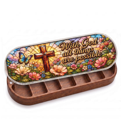 Open wooden Pillcase with cross, butterfly and floral stained-glass lid on white