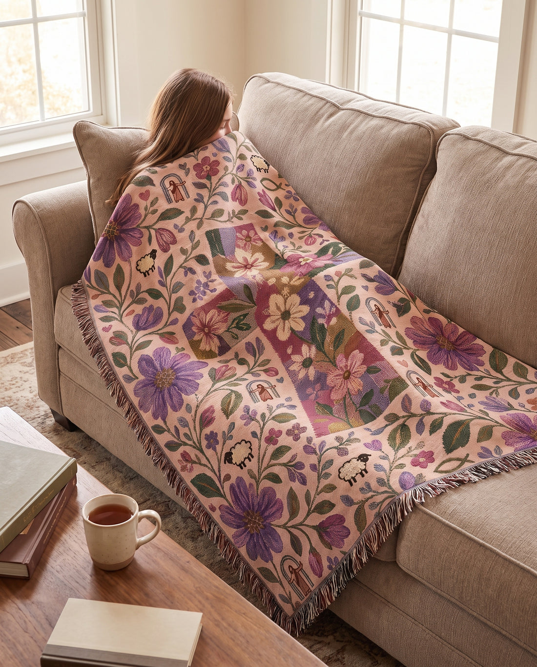 Meadow Cross of Faith - Shepherds Garden Woven Blanket - Meadow Cross of Faith woven blanket cozy sofa reading lifestyle