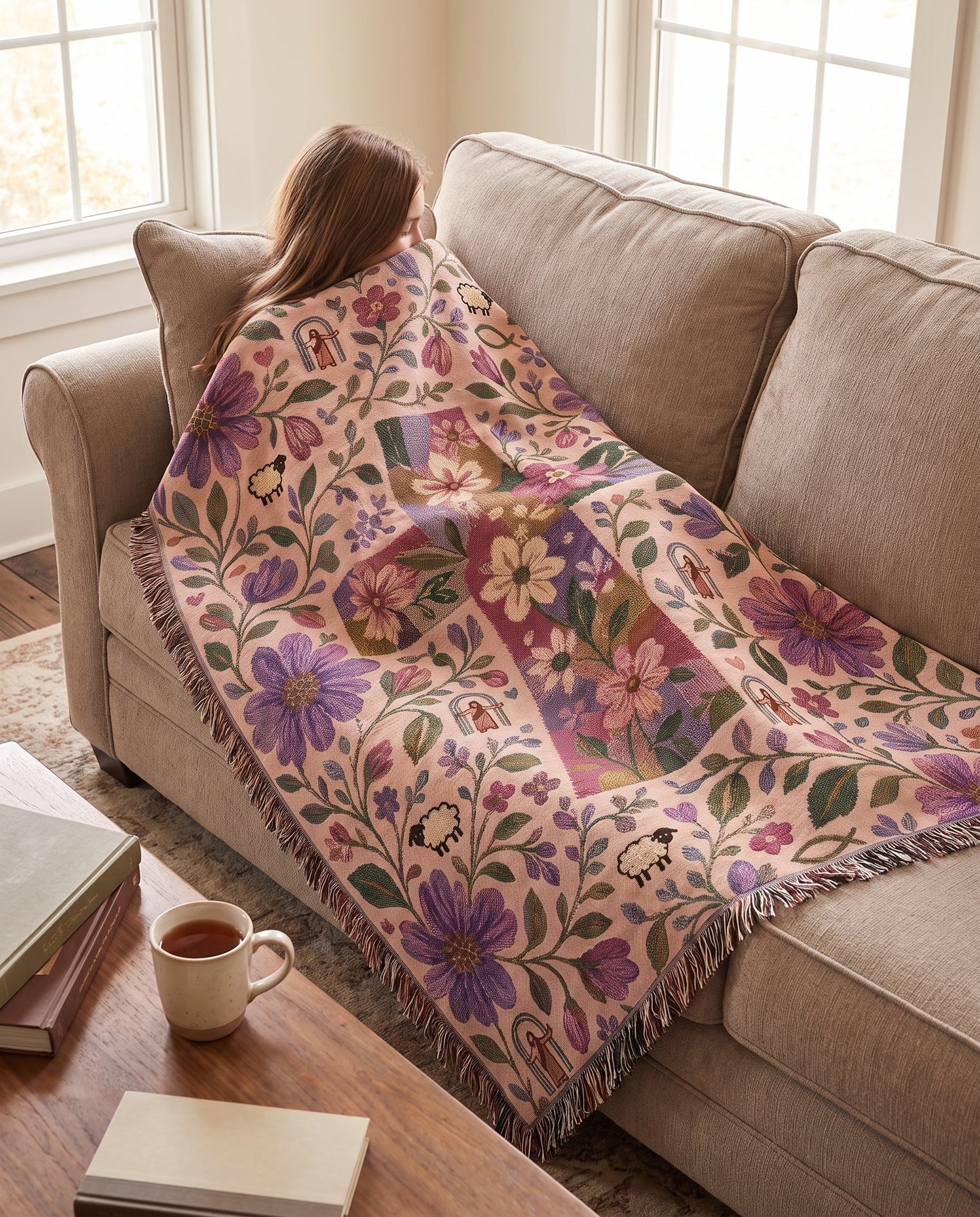 Meadow Cross of Faith - Shepherds Garden Woven Blanket - Meadow Cross of Faith woven blanket cozy sofa reading lifestyle