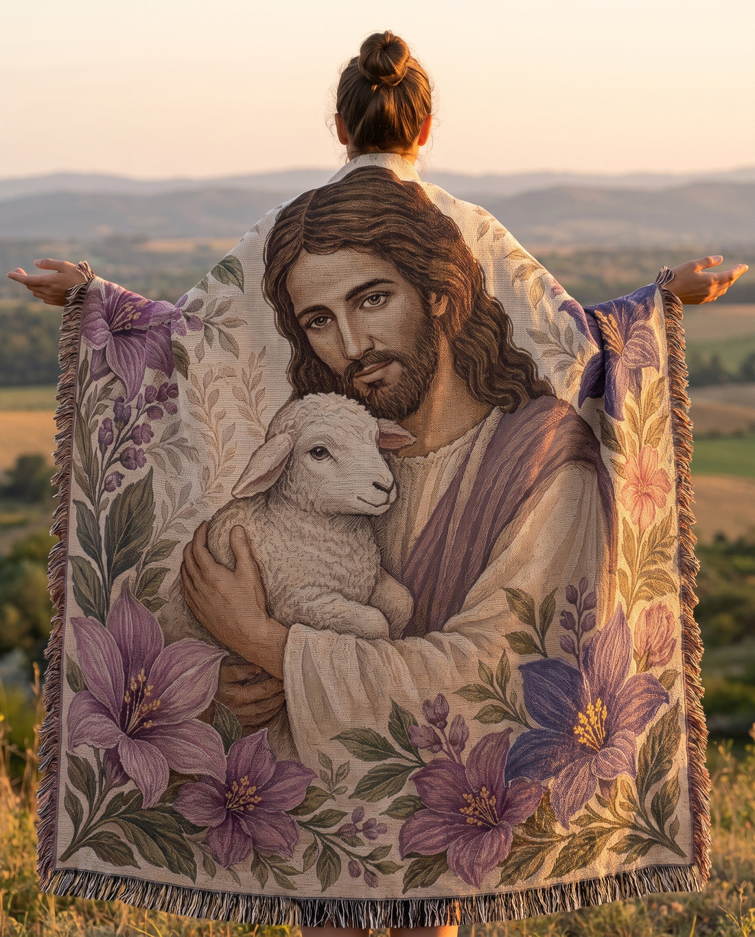 Good Shepherd Lavender Florals Woven Blanket mockup 2