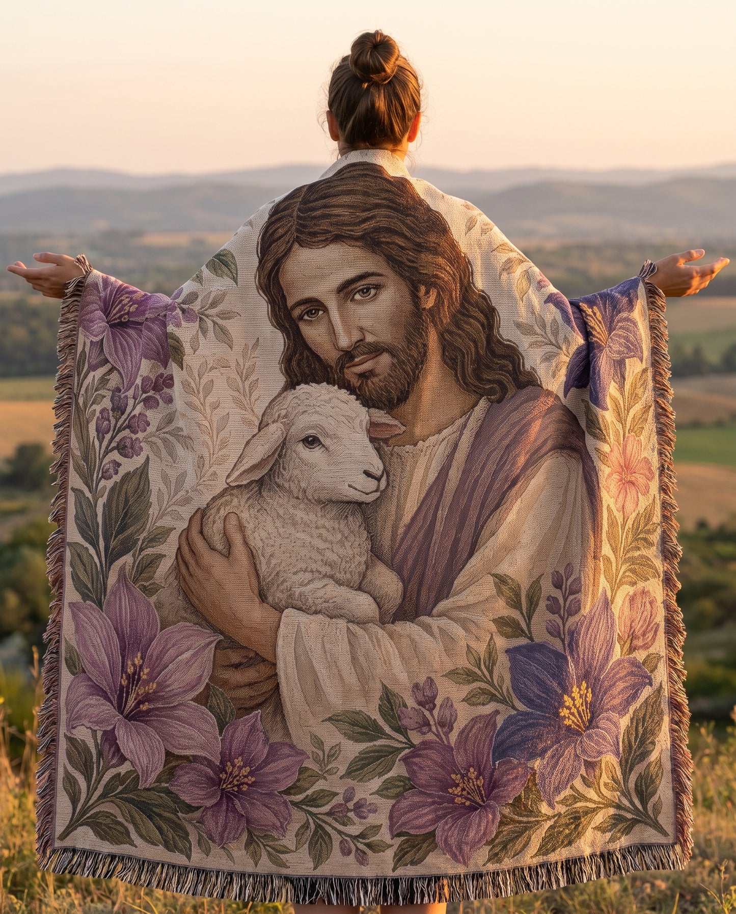 Good Shepherd Lavender Florals Woven Blanket mockup 2