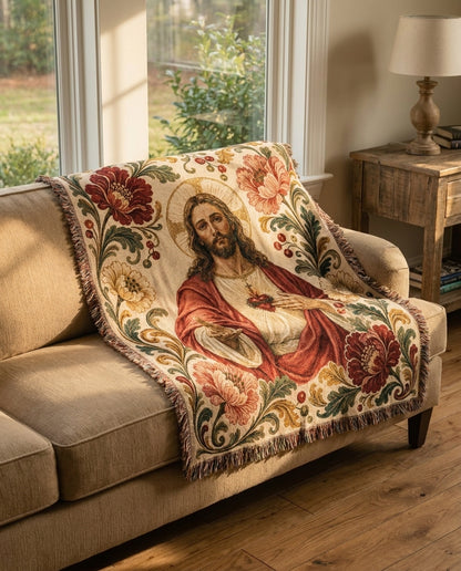 Sofa styling - Sacred Heart Jesus Floral Woven Blanket