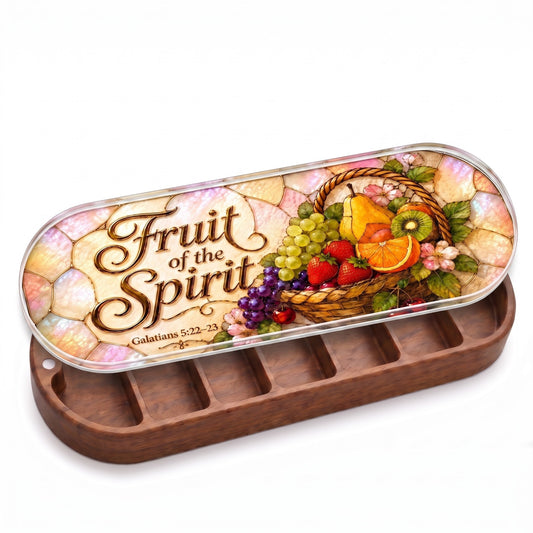 Open wooden Fruit of the Spirit Pillcase with pearlescent stained-glass fruit basket lid on white