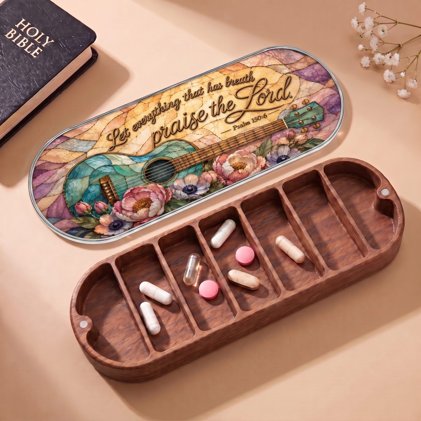 "Let Everything That Has Breath Praise the Lord — Psalm 150:6" Pill Case — open Pill Case with Holy Bible, flowers, guitar artwork, and assorted pills