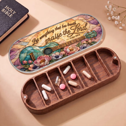 "Let Everything That Has Breath Praise the Lord — Psalm 150:6" Pill Case — open Pill Case with Holy Bible, flowers, guitar artwork, and assorted pills