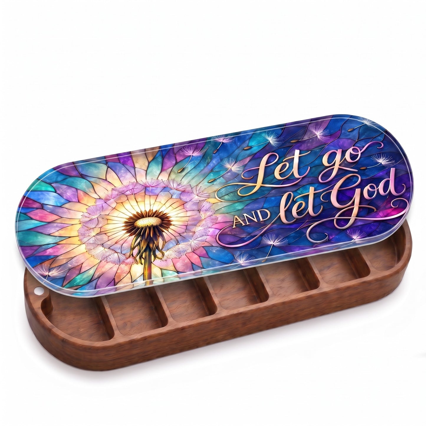 Open wooden Pillcase with Let Go and Let God dandelion stained-glass lid on white