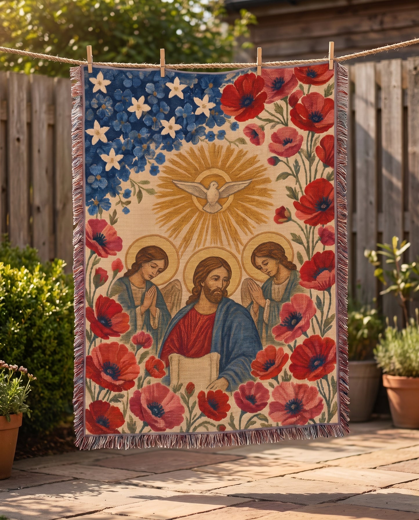 Garden clothesline display - Holy Spirit Dove Sunburst Woven Blanket