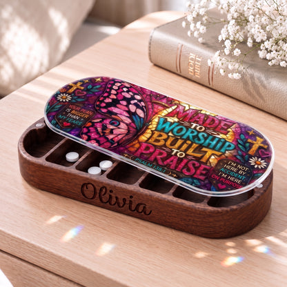 Personalized Olivia wooden Pillcase with Made to Worship Built to Praise butterfly stained-glass artwork beside a Holy Bible