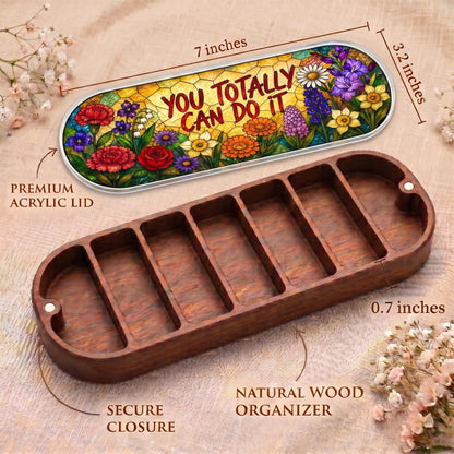 You Totally Can Do It Pillcase dimensions with colorful floral acrylic lid, secure closure and natural wood organizer