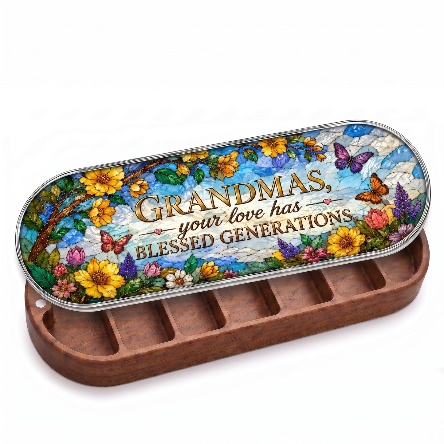 Open wooden Grandmas Your Love Has Blessed Generations Pillcase with flowers and butterflies on a stained-glass-style lid on white