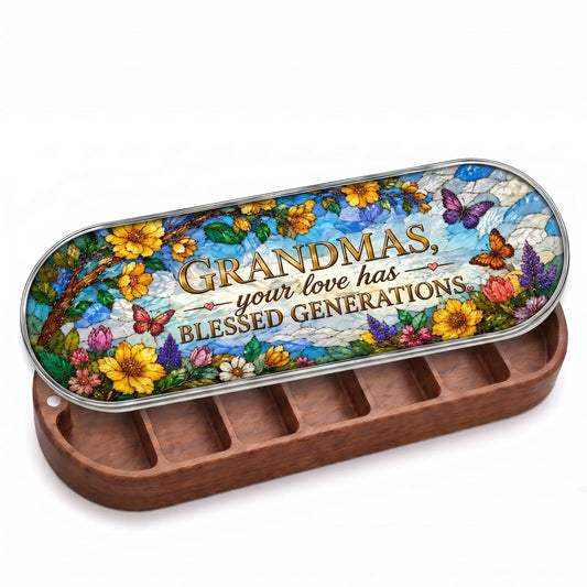 Open wooden Grandmas Your Love Has Blessed Generations Pillcase with flowers and butterflies on a stained-glass-style lid on white