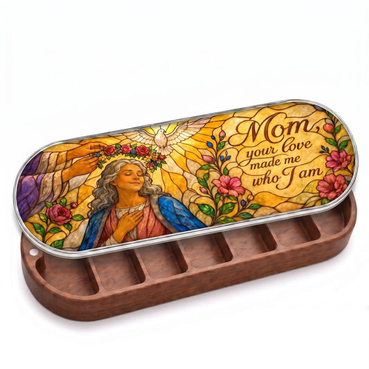Open wooden Mom Your Love Made Me Who I Am Pillcase with a crowned mother, white dove and flowers on a stained-glass-style lid on white