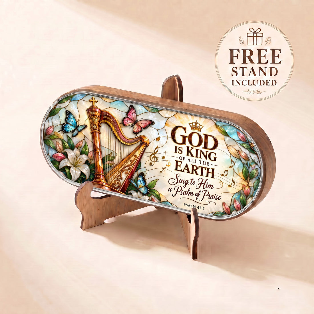 God Is King of All the Earth Psalm 47:7 Pillcase lid displayed on included wooden stand