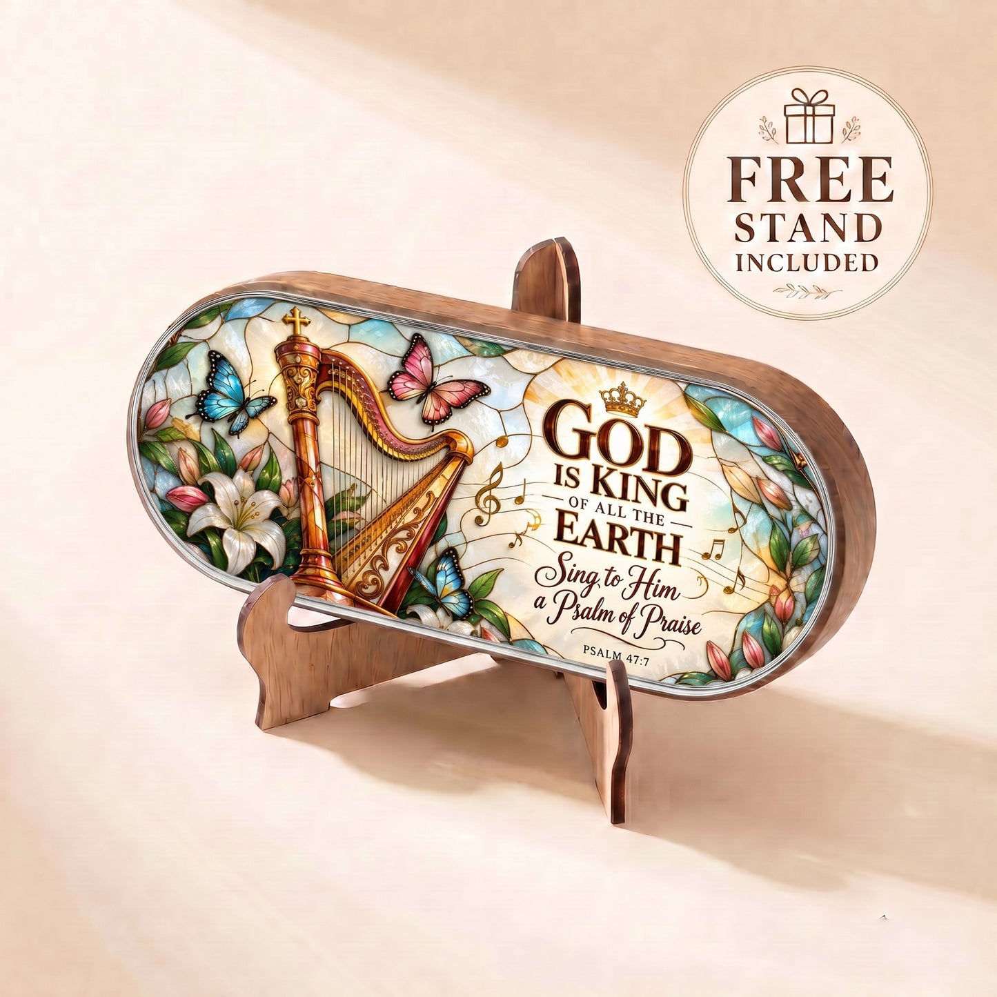 God Is King of All the Earth Psalm 47:7 Pillcase lid displayed on included wooden stand