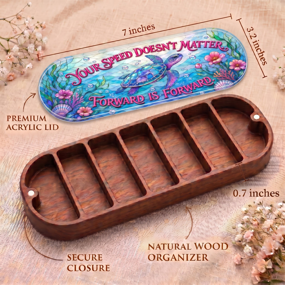 Sea turtle Pillcase dimensions, acrylic lid, secure closure and natural wood organizer