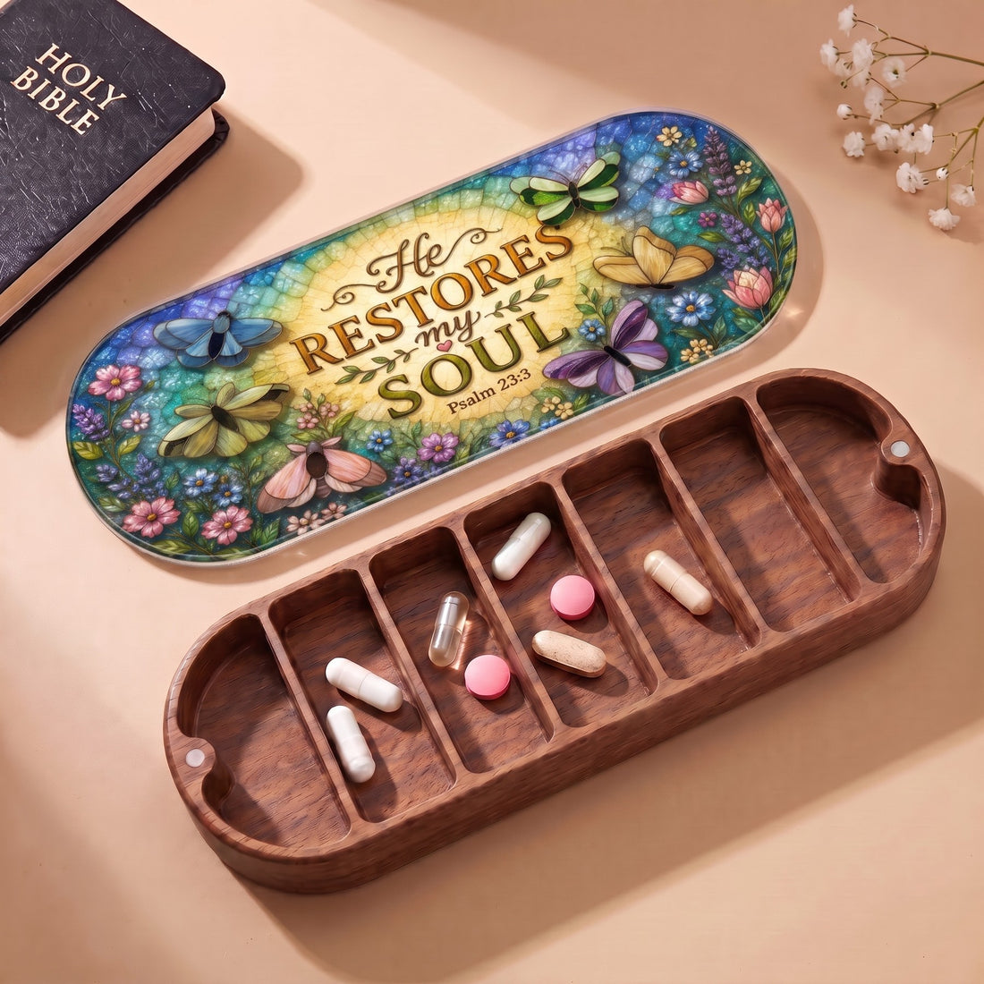 Open wooden Pillcase with He Restores My Soul lid, Holy Bible and daily tablets
